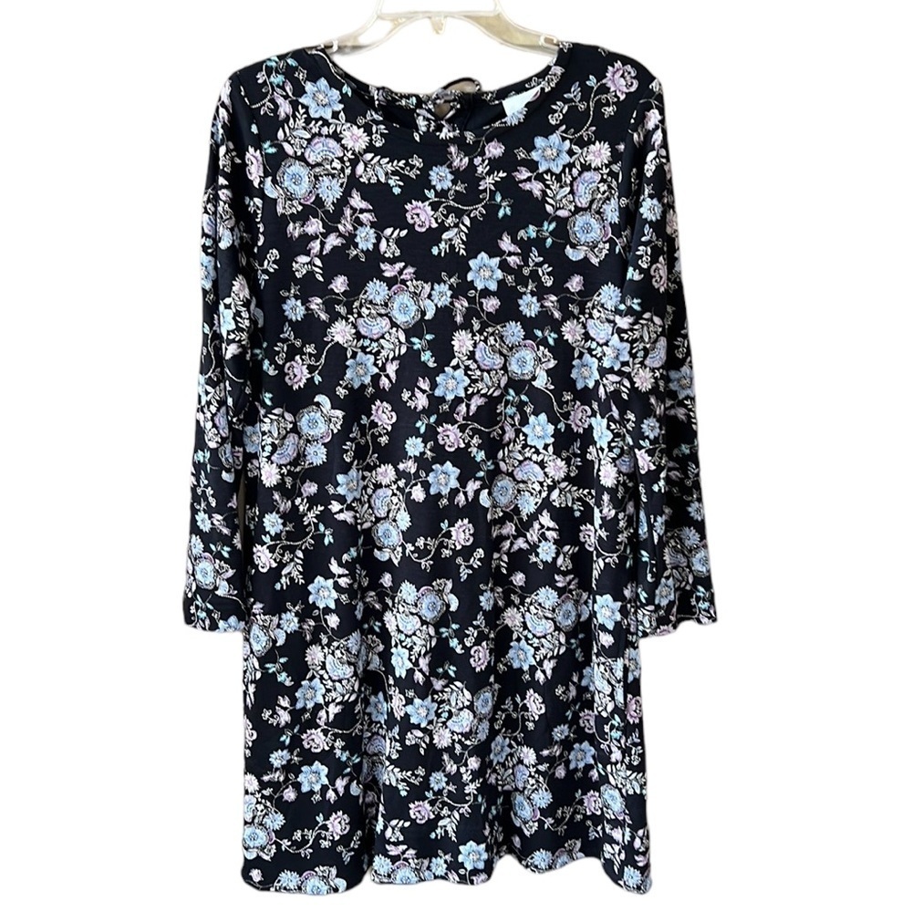 J.Jill M Long Sleeve Paisley Dark Floral Shift Dress Lace Up Back Pockets